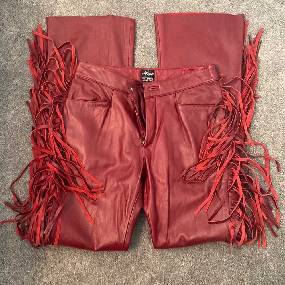 Red leather fringed pants